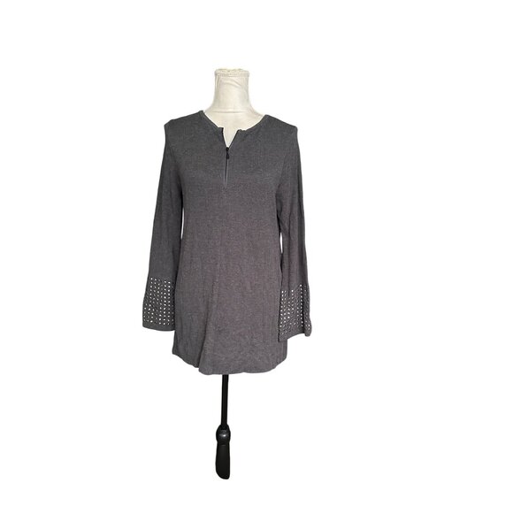 Nic And Zoe Studded Cuff Tunic Top Bell Sleeves Pockets Gray Sz PM - Picture 9 of 10